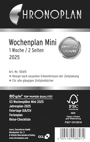 Chronoplan 50615 Kalendereinlage 2025 (Wochenplan Mini (79x125mm) Ersatzkalendarium für Terminplaner, ideal für detaillierte Wochenplanung, 1 Woche auf 2 Seiten in Zeilen, mit Universallochung) weiß