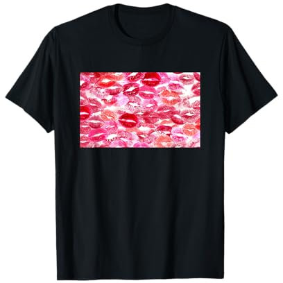 Love & Romantic tees Unisex Erwachsene Schwarz Kurzarm T-Shirt mit rotem Lippenstift Küsse für Freund Shirt