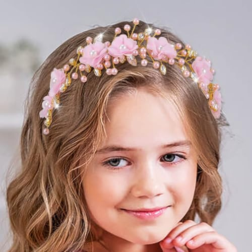 IYOU Erstkommunion Stirnband Rosa Blume Haarbänder Perle Kristall Kopfschmuck Braut Hochzeit Haarschmuck für Prinzessin Mädchen