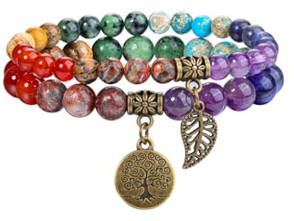 Jovivi 2pcs Bracelet Chakra Pierre Naturelle Bracelet Perles Naturelles Femme Ensemble Deux Bracelets avec Accessoires Arbre de Vie et Feuille Bracelet Porte Bonheur Cadeau Femme