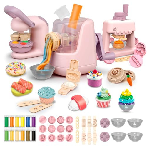 JONRRYIN Plastilina per Bambini, 65 Pezzi Formine per Plastilina Accessori con Macchina per Pasta e Gelatiera, Playdough Pasta da Modellare Regalo Giochi per Ragazzi Bambina (Pink1)