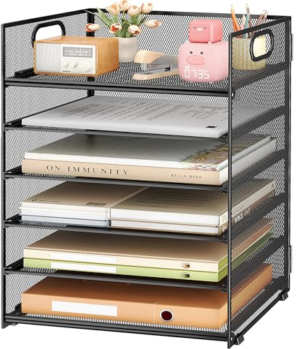 Subekyu Bandeja organizadora de archivos de papel de 6 niveles para escritorio, de malla negra, carpeta de archivos de papel, organizador con asa, bandeja deslizante apilable para almacenamiento de