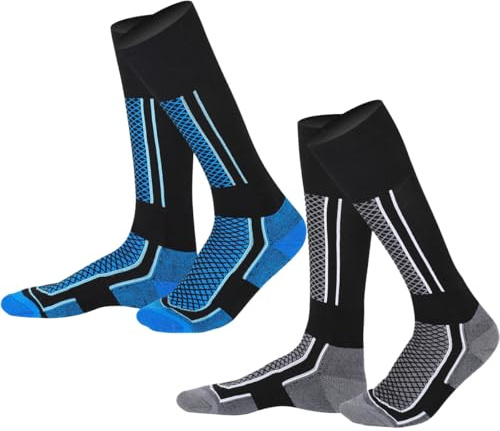 DHSUN Chaussettes de ski pour enfants garçons et filles, deux paires de chaussettes de ski pour les sports de plein air, le ski, la course à pied, Garçons, une paire de chaussettes noires et bleues,