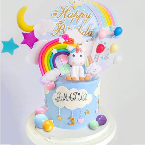 Amacoam Regenbogen Luftballons Wolken Kuchen Topper Torten Deko für Geburtstag, Hochzeit und Andere Partys - Kuchendeko für Mädchen und Frauen