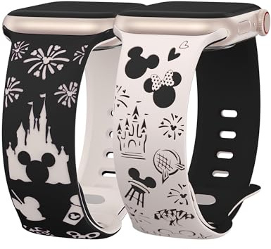BEEXI 2 Packs Cartoon Engraved Compatible with Apple Watch Strap 49/46/45/44/42mm Women, Two-Tone Cute Soft Silicone Sport Strap for iWatch Series 11 10 9 8 7 6 5 4 3 SE/Ultra 3 2 1,Black&Starlight