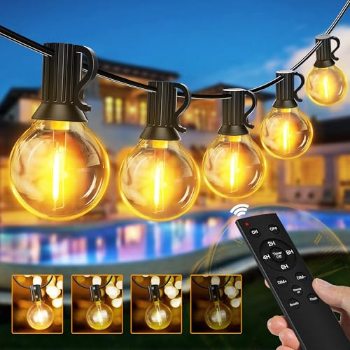 Ollny Festoon Lights Outdoor 30m String Lights,50+2 G40 Shatterproof Bulbs | Mains Powered Waterproof Fairy Lights with RF Remote/Timer/3 Modes/4 Brightness for Outside Wedding Party Patio Decorations