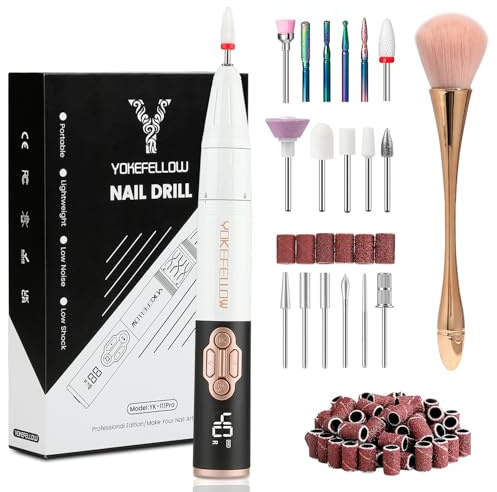 YOKEFELLOW Ponceuse pour Ongles Professionnel- 4000 tr/min Portable Rechargeable Avec Affichage LCD, Lime a Ongle Electrique 17 en 1 Puissante Vitesse Réglable
