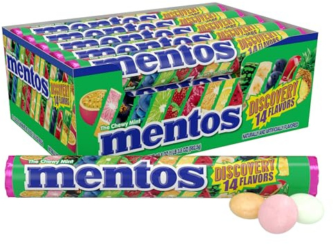 Mentos Rouleau de bonbons à la menthe Chewy, Discovery 14 saveurs de fruits assorties, 14 pièces par rouleau, boîte de présentation de 15 pièces