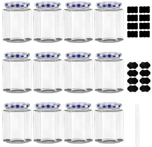 ZhouZGlass 12 Pack Small Glass Jars with Lids, Airtight 100ml Jam Jars with Blue Gingham Lids for Candle Making(Blue)
