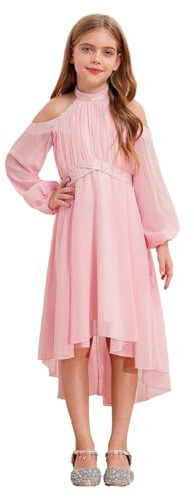 iEFiEL Vestito da Ragazza Principessa Vestito Elegante da Cerimonia Manica Lunga con Spalle Scoperte Abito da Damigella d'Onore Cocktail Compleanno Sposa Battesimo Rosa 9-10 Anni
