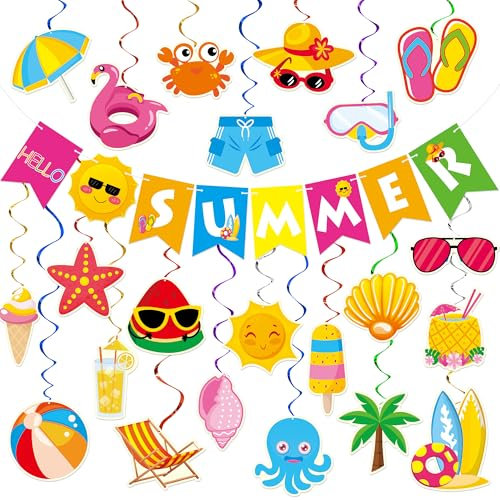 Summer Party Decorations - 61 Pcs Beach Pool Party Decorations Hello Summer Banner Pool Beach Hanging Streams Decor for Home Office School Classroom