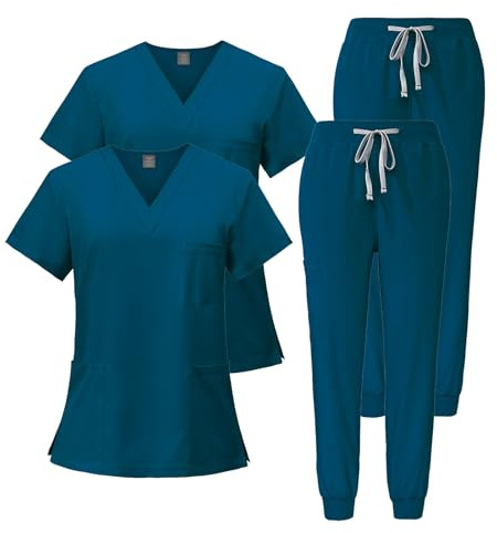 Meichoon Set di 2 divise da lavoro medico con scollo a V, a maniche corte, con 3 tasche, pantaloni elasticizzati, asciugatura rapida e assorbimento del sudore, DK05