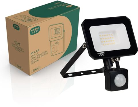 Phoebe LED Floodlight 20W Atlas-Mini PIR Sensor Warm White IP65 Black