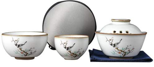 Juego de té expreso portátil de viaje al aire libre, tetera de cerámica simple para el hogar, urraca, [una olla, dos tazas]