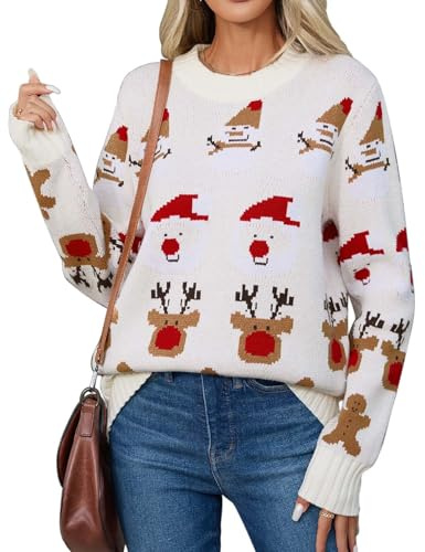 heekpek Pull de Noël Femme Hiver Chaud Chic et Élégant Ample Pull Col Rond Doux Grosse Maille Oversize Sweater, Père Noël, XL