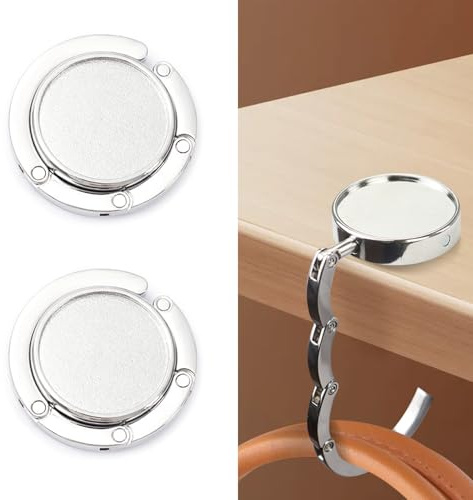 FuninCrea Handbag Hooks for Tables, Folding Round Purse Hook Portable Table Bag Holders Can Withstand 3-5kg, Anti-Slip Handbag Holder for Tables for Office Restaurant Desk (Silvery 2 Pack)