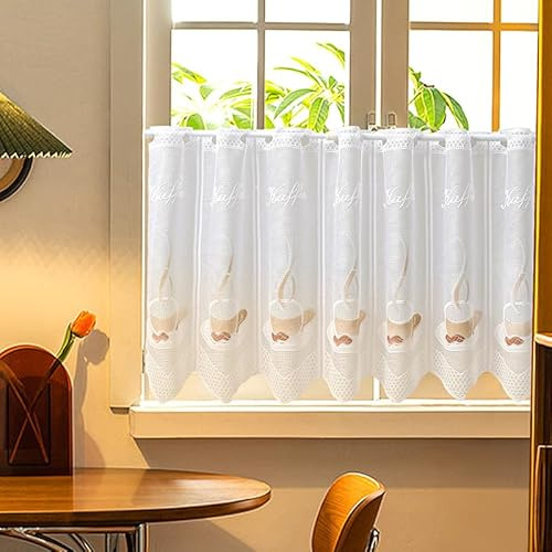 Daliena Scheibengardinen Jacquard Spitze Kaffeegardine BxH 110x45cm Weiß | Kurzgardine Halbtransparente, Küchengardine Modern Minimalistisch, Dekorativer Fenstergardinen für Café Wohnzimmer 1 Stück