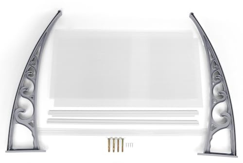 Auvent pour Porte d'entrée Marquise Porte Exterieur de Toit Auvent en Arc de Hangar en Polycarbonateet Cadre pour Maison de Fenêtre de Balcon de Garage,100 x 150 cm (Gris-Blanc)