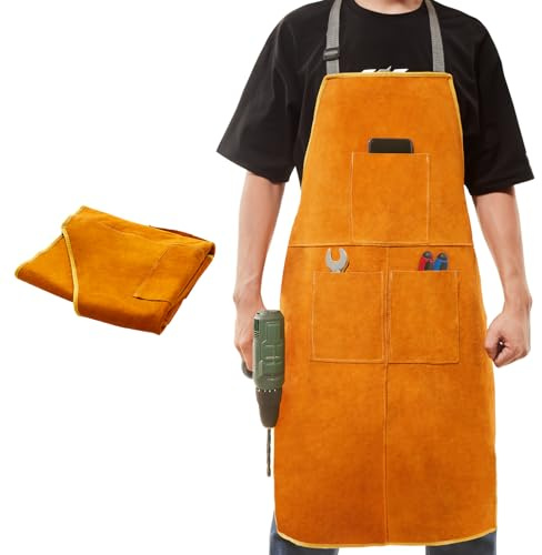 SUNNYNEST Tool Aprons Work Apron62.5X88cm Heavy-Duty Leather Welding & Workshop Apron - Heat/Flame Resistant Full-Coverage Cowhide Apron with 3 Pockets for Blacksmiths, Welders, Woodworkers & DIY
