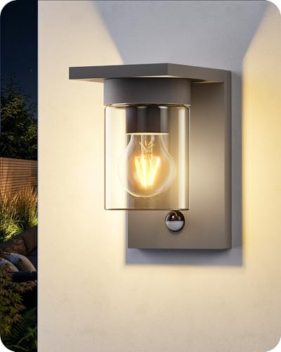 EDISHINE Wandleuchte außen mit Bewegungsmelder, Aluminium und Klarglas, IP44 wasserdicht, E27 Fassung, moderne Wandlampe für Haustür, Fassade, ohne Leuchtmittel, Anthrazit