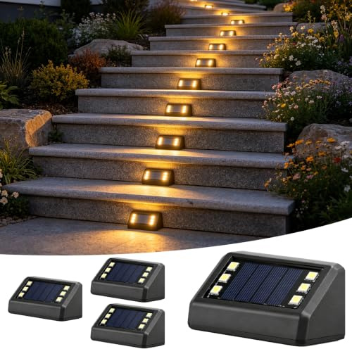 AuraFutur Solar Step Lights, 6LEDs Warm Light Solar Stair Lights with IP65 Waterproof, 8-10 Hours Auto On/Off Solar Lights Outdoor for Garden, Railing, Fence, Yard, Patio (4 Pack)