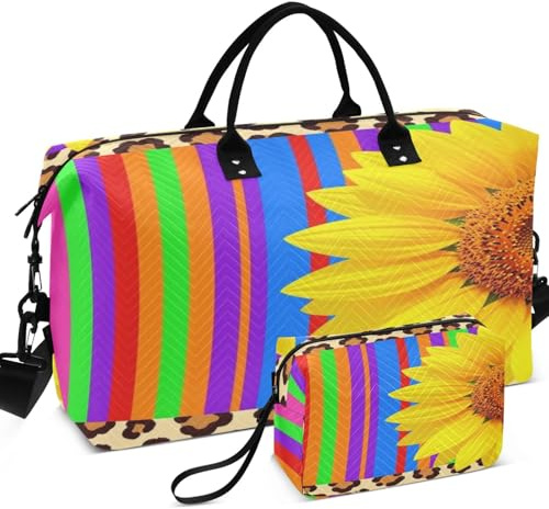 Borsone da palestra da viaggio con stampa all-over con piccola tasca grande capacità per sport e palestra, Divertente Serape Messicano Leopardo Girasole A Strisce, one size, Retro