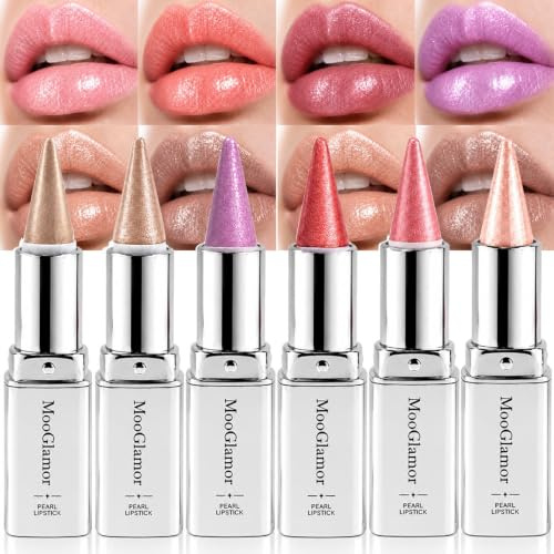 MooGlamor Set med 6 stycken läpliner och skimrande läppstift, vattentäta och långvariga utdragbara läplinerpennor, nötningsbeständiga läppstift utan glasavtryck för läppmakeup för kvinnor