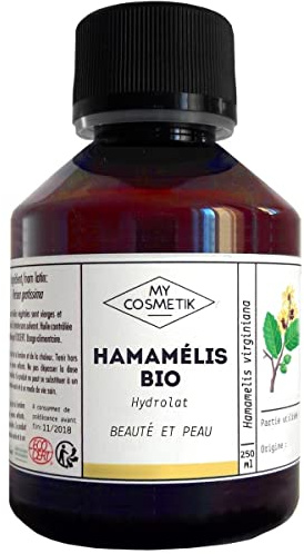 MY COSMETIK - Hydrolat d'Hamamélis BIO - Eau florale Certifiée Ecocert Cosmétique Biologique - Fabriqué en France - Astringent, calmant - 250 ml + Pompe