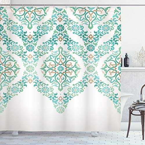 ABAKUHAUS Traditionell Duschvorhang, Vintage Blumen Boho, Stoffliches Gewebe Badezimmerdekorationsset mit Haken, 175 x 180 cm, Grün Tan