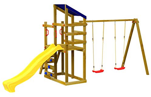 SavinOutdoor Parco Giochi in Legno Torre Doppia Standard con Tetto + Arrampicata + Altalena con 2 sedili Liberi