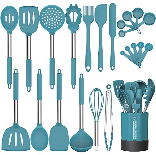 Fungun Silicone Cooking Utensil Set, Non-stick Kitchen 24 Pcs Cookware, Heat Resistant , Silicone Kitchen Tools Gift with Stainless Steel Handle (Blue-24pcs）