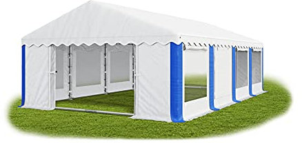 Das Company Partyzelt 6x8m Lagerzelt Universalzelt Pavillon mit Moskitonetz weiß-blau mit Bodenrahmen Pavillon Zelt 240g/m² PE Plane wasserdicht Gartenzelt Summer Floor IPEM