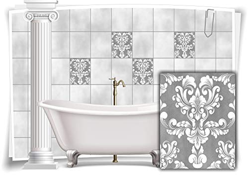 Medianlux Fliesen-Aufkleber Fliesen-Bilder Damast Barock Nostalgie Retro Floral Grau Bad WC Deko Folie Badezimmer Dekoration, 12 Stück, 20x25cm m20h-grau-108134