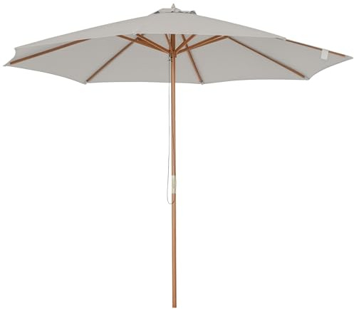 Outsunny Sonnenschirm Ø 300 cm, Sonnenschirm mit UV Schutz Balkonschirm aus Holz Strandschirm stabil Marktschirm Sonnenschutz für Strand Terrasse Garten, Grau
