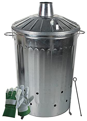 simpahome 125L Locking Lid Galvanised Incinerator, Poker and Pair of Reinforced Rigger Gloves.