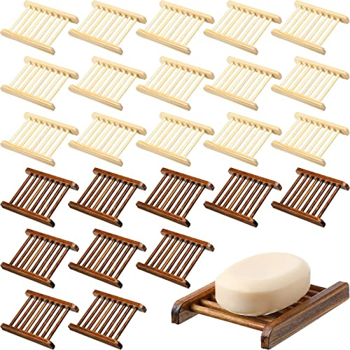 Honeydak 30 Pcs Bamboo Wood Soap Holder Wooden Soap Dish Tray Bathroom Wooden Sponge Case Handmade Bathtub Shower Dish Accessories for Home Sponge Scrubber(Natural Color, Charcoal)