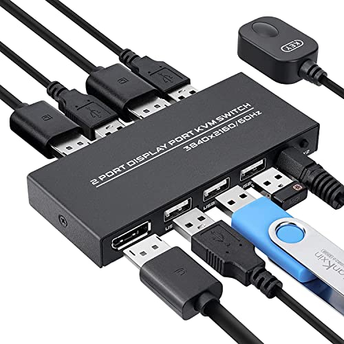 Displayport Commutateur KVM 4K@60Hz, KVM Switch USB DP pour 2 ordinateurs partageant 1 écran UHD Clavier Souris Imprimante Scanner Jeu, avec 2 câbles DP & USB