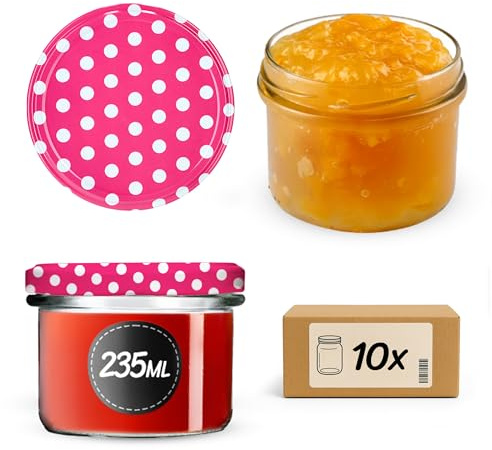 KADAX 10er Set Marmeladengläser 235ml TO82 Rosa gepunktet, Einmachgläser Vorratsgläser Mason Jar mit Schraubdeckel, Luftdichte Schraubgläser, Honig & Konfitüre