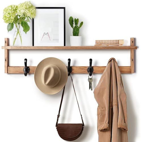 Tatub 29'' Coat Rack Wall Mount with Shelf, Wood Wall Hooks with Storage, Entryway Shelf with 5 Hangers for Bathroom, Living Room, Bedroom, Rustic Brown