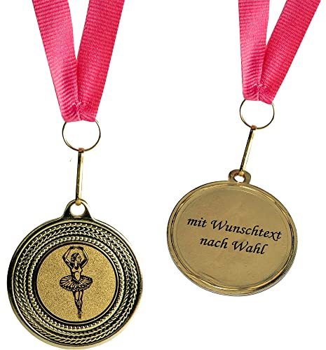 Ballerina-Medaillen, 10er-Set, Metall, rosa Band, mit Wunschtext | Golden zum Umhängen für Siegerehrungen, mit Emblem, für Vereine & Turniere