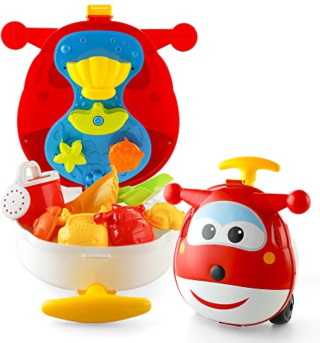 Super Wings 10 Stück Sandspielzeug Set für Kinder, Strandspielzeug Kofferbox Gießkanne Schaufel und Jett/Donnie Sandformen, Sandkasten Spielzeug Geschenk für Jungen Mädchen 1 2 3 4 5 6 7 8 Jahr