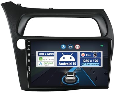 BXLIYER 9 Pouce Autoradio pour Honda Civic (2006-2012) GPS Radio - sans Fil Carplay Android Auto - Android 14 - Caméra arrière - 2 Din - Dab Volant WLAN Bluetooth DSP 4G