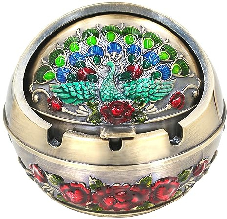 Hourwof Smokeless Ashtray with Lid,Peacock Windproof Ashtrays for Outdoor Patio Balcony,Metal Cigarettes Ash Tray for Home Office Tabletop Decor,Birthday Housewarming Gift,Bronze