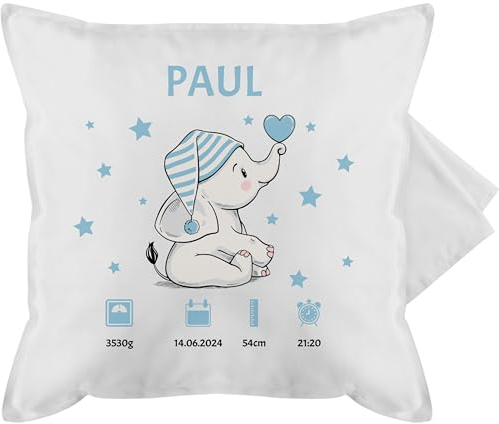 Kissenbezug - Elefant Geburtsdaten mit Name Geschenk zur Geburt Geschenkidee I Geldgeschenk zur Geburt - 50 x 50 cm - Weiß - personalisierte Kissen Baby mädchen Geschenke Neugeborene Junge