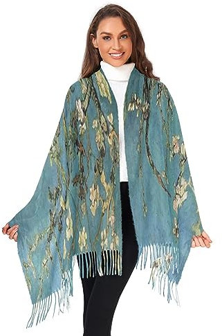 Mnsruu Van Gogh Écharpe pour femme avec pompon Motif fleurs de cerisier, multicolore, XL