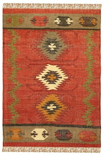 Reversible Kilim Area Rug 7x10 Southwestern Wool Jute Geometric Design Multicolor Hand Woven Rug Thick 0.19 Flatweave Carpet Indoor Outdoor Rugs for Bedroom Dining Room Living Room