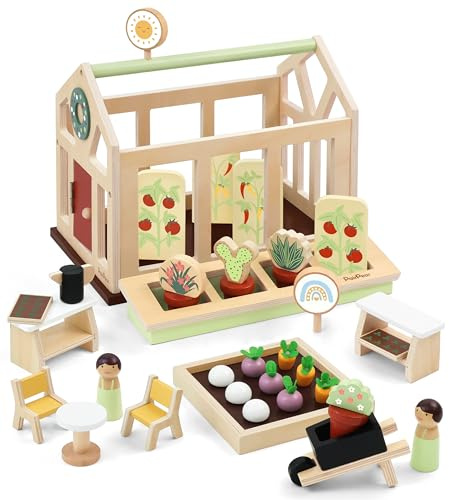 PairPear Dollhouse Furnitures Flower Garden Toy Greenhouse Playset,Toddlers Wooden Toys Dollhouse Garden Toys,Pretend Play Food Set for Girls Boys 3 Years and Up