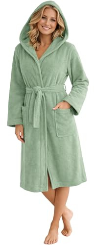 Morgenstern Bademantel Damen mit Kapuze 100% Baumwolle Frottee OEKO-TEX® Morgenmantel Marina Schilf-Grün Gr. XL
