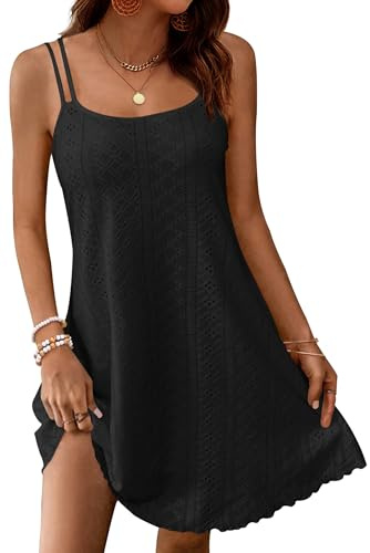 WNEEDU Abiti Estivi Donna Senza Maniche Vestito Leggero con Spalline Sottili Corto al Ginocchio Casual Abito Scollo Rotondo Nero L