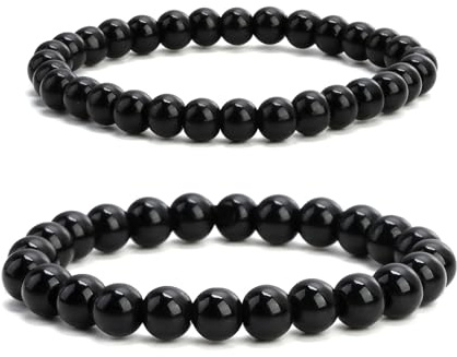 Rumgug 2 Bracelets Pierre Naturelle Tourmaline Noire et Perle Ronde Dehnbar